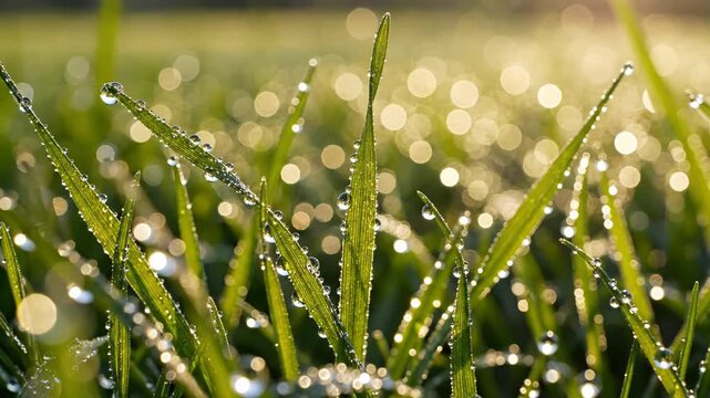 Macro view of fresh green grass blades with clear morning dew drops reflecting golden sunlight against a soft blurred bokeh background of a field at sunrise or sunset.
