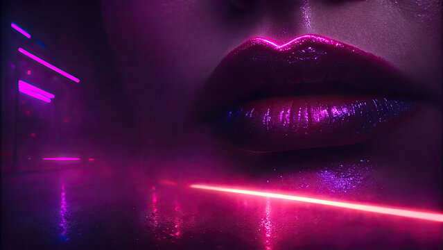 Sexy lips kissing in neon UV disco concept. Close-up of glossy lips illuminated by neon lights in a dark setting.