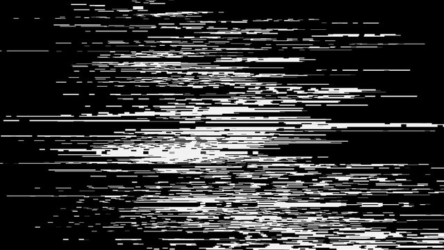 Monochrome signal corruption texture with white scanline artifacts on black background. Digital glitch overlay with pixel distortion for retro video design and cyberpunk poster background.