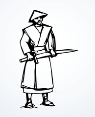 Obraz premium Vector drawing. The warrior is dressed in traditional Asian clothing