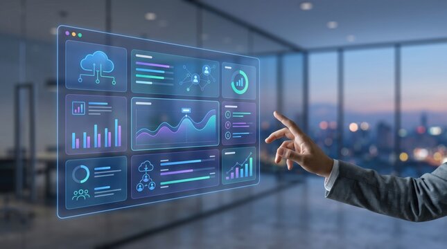 Hand touching futuristic holographic dashboard with cloud computing, big data analytics, and network diagrams, symbolizing advanced tech solutions.