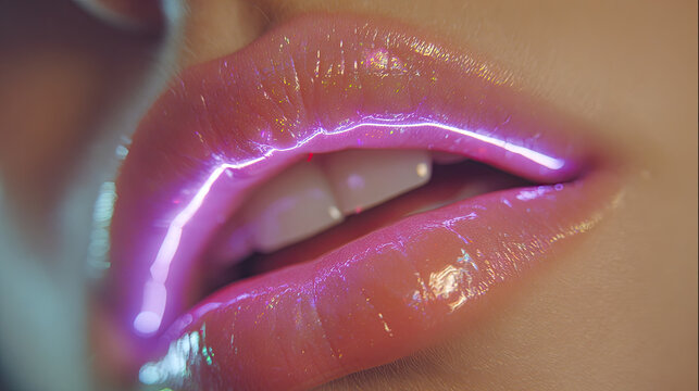 Sexy lips kissing in neon UV disco concept. Close-up of glossy lips with neon light accents for beauty focus.