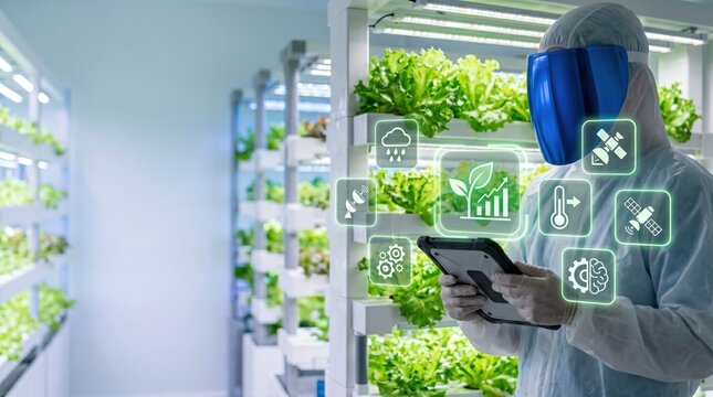 Scientist in protective suit monitoring vertical farm plant growth and environmental conditions using tablet with augmented reality icons for temperature, humidity, and satellite
