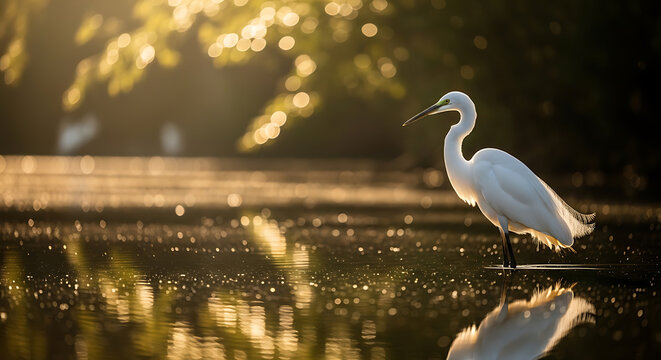 Great egret wading in shallow water with golden sunlight and reflection