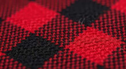 Fototapeta premium Close-up of vibrant red and black plaid fabric texture with detailed weave pattern