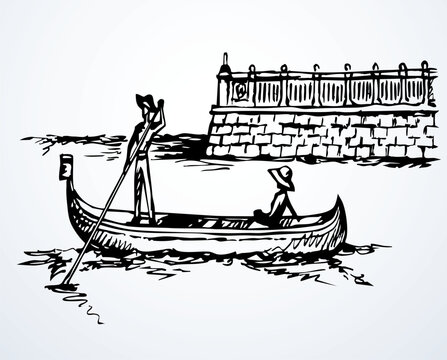 Vector drawing. Gondolier in a boat