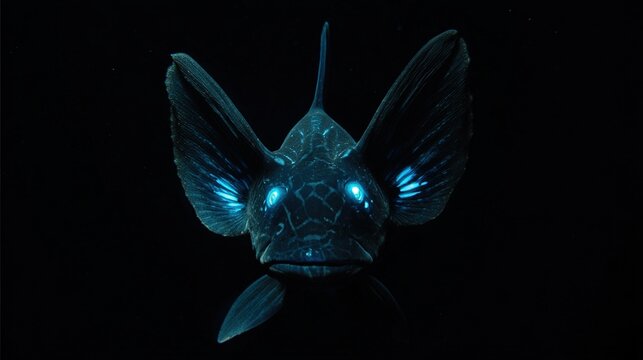 chimaera. A deep-sea chimaera glowing with bioluminescent forehead lights in the dark ocean abyss. wildlife magazines, conservation campaigns, designed for eco-tourism storytelling.