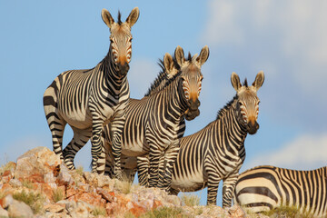 Group of zebra standing on top of a mountain together © John