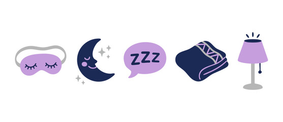 Fototapeta premium Sleep and Bedtime Icons Set - Sleeping Mask, Crescent Moon, ZZZ Speech Bubble, Blanket, and Night Lamp Vector Illustrations for Bedtime Routine, Insomnia Relief, and Relaxation Concepts Design Element