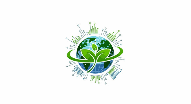 Digital globe with green leaves and tech elements symbolizes growth