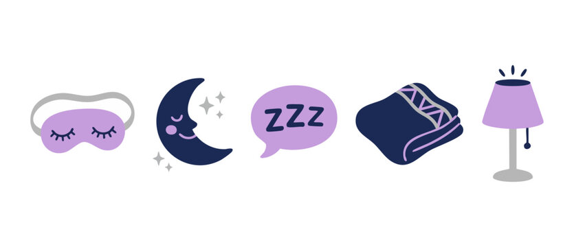 Sleep and Bedtime Icons Set - Sleeping Mask, Crescent Moon, ZZZ Speech Bubble, Blanket, and Night Lamp Vector Illustrations for Bedtime Routine, Insomnia Relief, and Relaxation Concepts Design Element