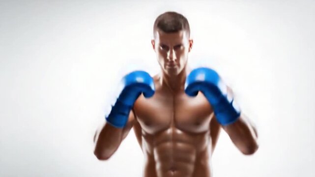 Boxer's Intensity: A muscular boxer in blue gloves stands ready, his focused gaze and defined physique reflecting the dedication, strength, and determination required for the sport.