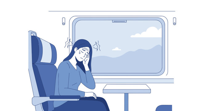 Woman feeling sick with motion sickness on a train journey, looking out the window
