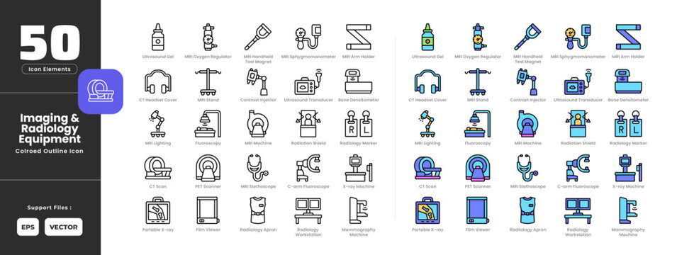 Imaging and radiology equipment tool icon set collection - colored outline line art style. Containing bone densitometer, c-arm fluoroscope, contrast injector, ct headset cover, ct scan, film viewer.