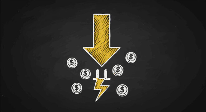 Downward arrow points to a lightning bolt, surrounded by dollar coins
