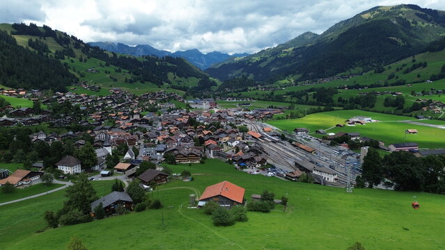Aerial view of Zweisimmen village surrounded by mountains, Switzerland