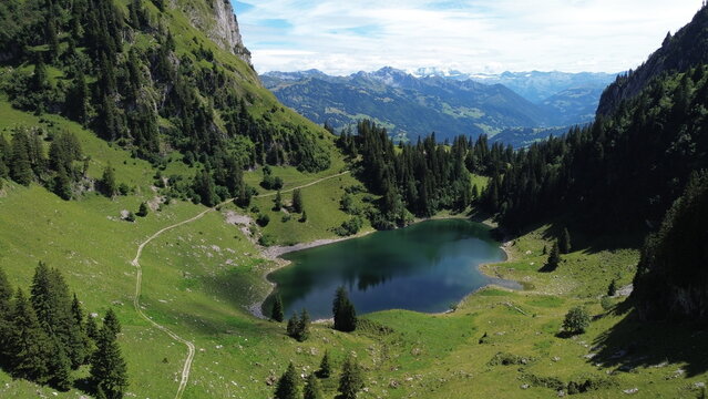 Aerial View of Walopsee, Boltigen, Bernese Oberland, Switzerland