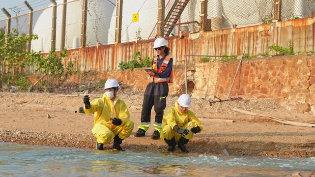 Environmental monitoring team conducts field research at coastal site educational activity natural setting ground-level perspective