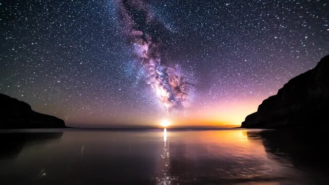 Long exposure photograph of the Milky Way galaxy core arching across a star-filled night sky over a calm ocean bay with dark coastal cliffs and a bright horizon light reflection.