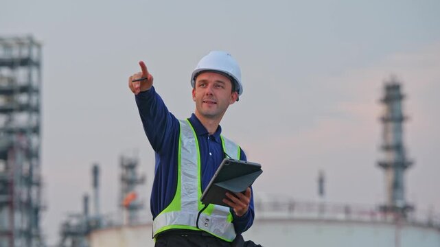Industrial worker giving instructions factory site photography daylight close-up leadership in action