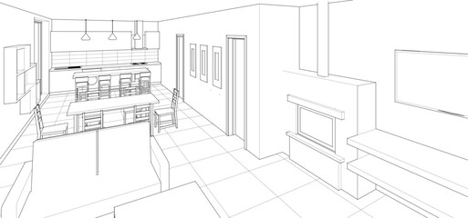 Fototapeta premium interior kitchen living room 3d illustration 