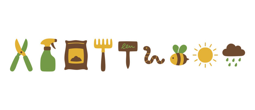Garden tools icons set with worm bee sun and rain cloud, flat vector elements for landscaping and spring planting hobby concept, simple isolated illustrations on white background for seasonal decor