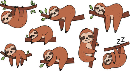 Fototapeta premium Cute sloth character vector set featuring cartoon sloths sleeping, hanging and relaxing on tree branches in adorable kawaii style isolated