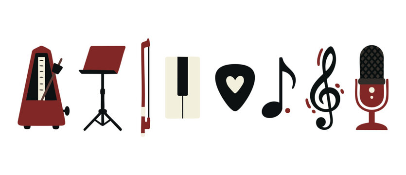 Music icons set flat design with instruments and symbols for professional audio production elements, featuring metronome, violin bow, piano keys, guitar pick, treble clef, music note and vintage micro