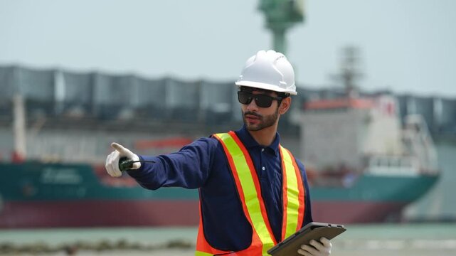 Logistics coordinator managing shipping operations at port industrial environment action shots professional viewpoint