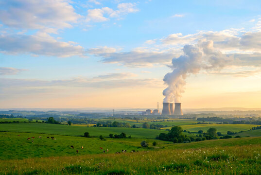 Nuclear power plant on horizon, peaceful landscape foreground, cooling towers steam, energy debate concept