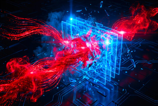 Cyberattack visualization, red hostile streams breaking through blue digital defense, network intrusion concept art