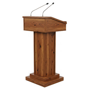 A wooden podium with two microphones on top for public speaking events isolated on transparent background