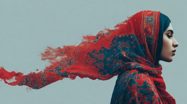 Surreal Portrait of Pakistani Woman with Ajrak Pattern Hair Flowing into Sky
