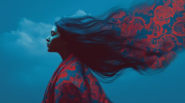 Surreal Portrait of Pakistani Woman with Ajrak Pattern Hair Flowing into Sky