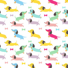 Obraz premium Cute Dachshund Dog Pattern, Kawaii Wiener Dog Seamless Background, Pastel Colors