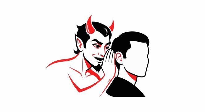 Devil whispers secret to man, implying temptation or bad advice