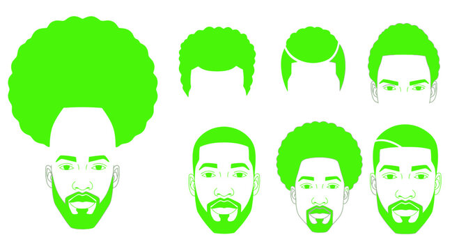 Diverse Hairstyles Collection: Afro, Fade, Buzz Cut, and Beard Styles for Men