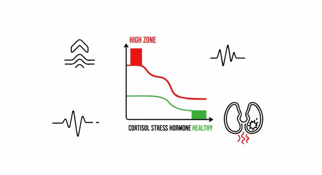 Diagram illustrating cortisol levels, stress zones, and physiological responses