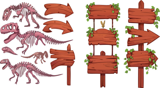 Dinosaur skeleton and wooden signboard vector set featuring fossil bones and rustic arrows with ivy in cartoon style