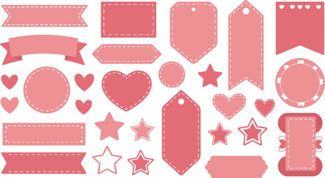 Pink and red decorative labels, banners, ribbons, and stitched shapes for scrapbooking and craft design