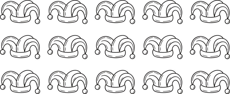 Pattern of jester hat silhouettes arranged in rows, playful clown costume icons for carnival, festival, and party design