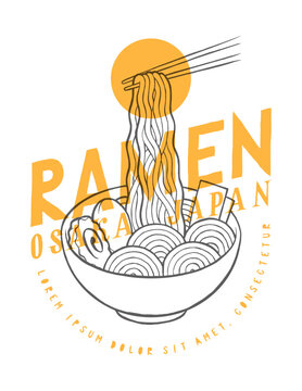 Ramen Osaka Japan ramen bowl with noodles held by chopsticks vintage typography t-shirt print vector illustration