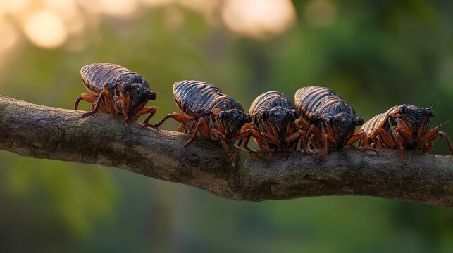 cicadas. Dense tropical rainforest at dusk, cluster of cicadas on a branch, golden hour light. wildlife magazines, conservation campaigns, designed for nature documentaries and education.