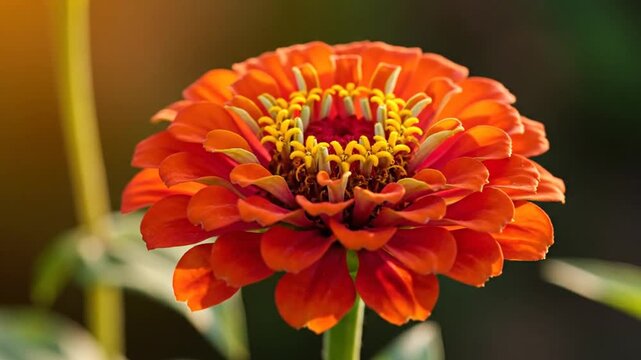 Vibrant orange zinnia flower in full bloom, macro shot of elegant garden zinnia petals, bright floral blossom with warm golden sunlight