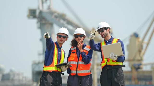 Construction team collaborating on project site port image series urban eye-level teamwork in industry
