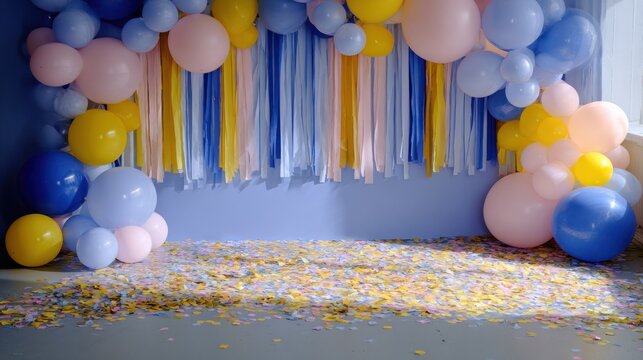 Colorful balloons decorating festive background with ribbons and copy space