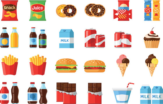 Fast food and snacks vector set featuring burgers, fries, soda, donuts, ice cream and packaged treats in colorful flat cartoon style