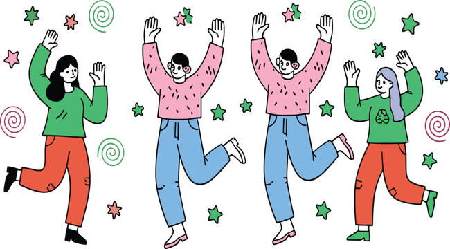 Happy people dancing and celebrating together, colorful flat vector illustration of joyful characters with fun abstract elements