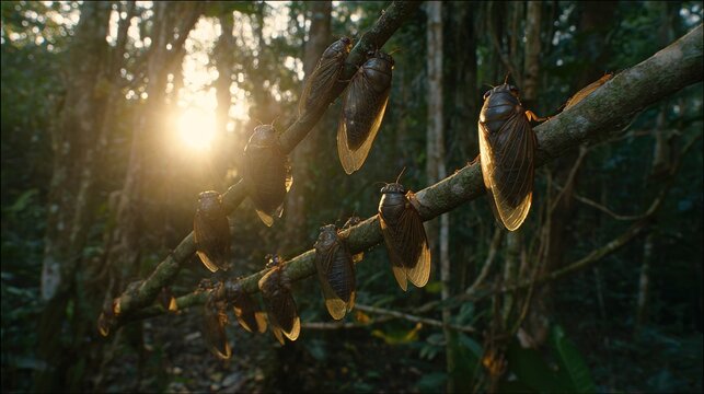 cicadas. Dense tropical rainforest at dusk, cluster of cicadas on a branch, golden hour light. wildlife magazines, conservation campaigns, designed for nature documentaries and education.