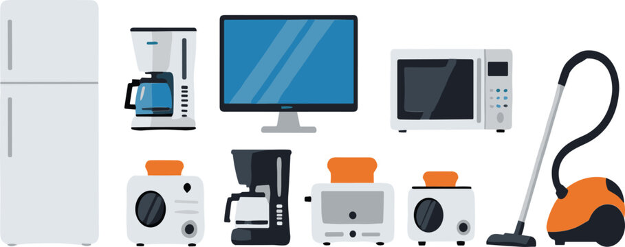 Home appliances collection with kitchen and бытовая техника devices, flat vector illustration set of household electronics